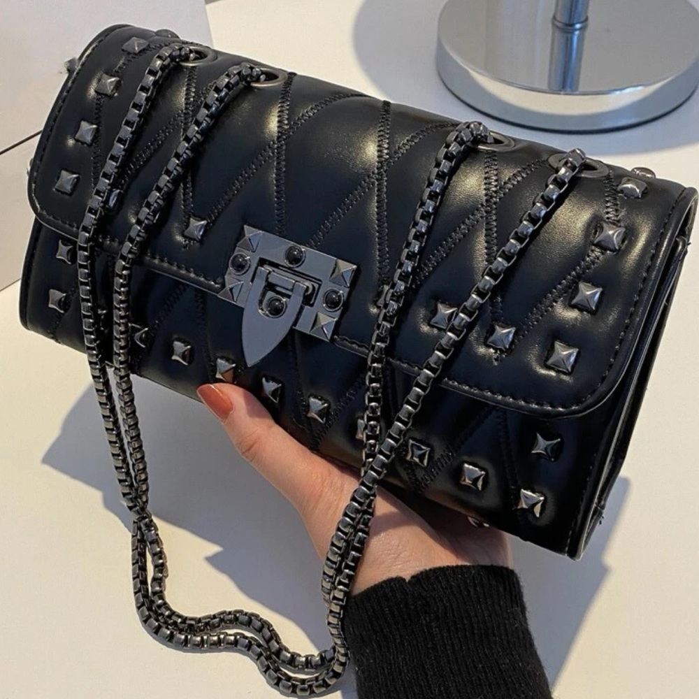 Rocker Black Vegan Leather Gunmetal Grey Studs Handbag Purse Trending OOTD Gift